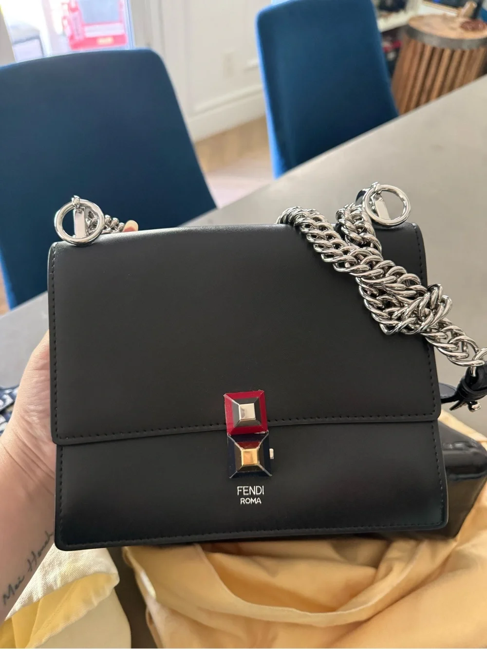 Fendi Black Leather Shoulder Bag with Multicolor Push-Lock—Authentic